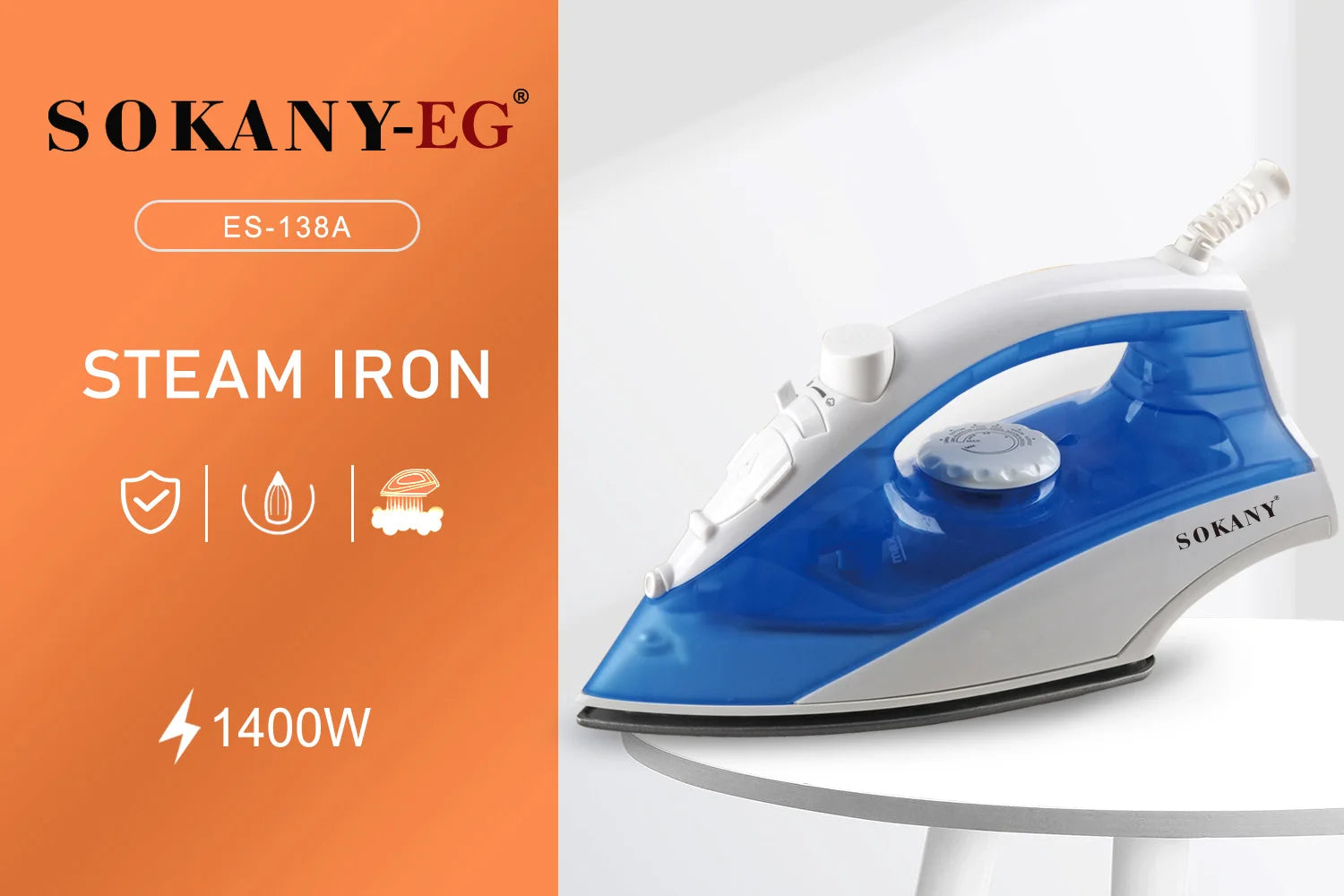 Sokany ES-138A Steam Iron Steam Control Dry Ironing Spray Function , 1400W