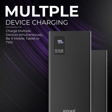 باور بانك I-CONX I-150 سعة 10000mAh شحن سريع 22.5W PD مع كابلات Type-C وLightning مدمجة – أسود