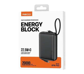 باور بانك Recci RPB-P63 سعة 20000mAh شحن سريع 22.5W مع كابلات Type-C وLightning مدمجة – أسود