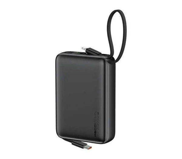 باور بانك Recci RPB-P63 سعة 20000mAh شحن سريع 22.5W مع كابلات Type-C وLightning مدمجة – أسود