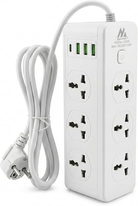 مشترك كهرباء 314U متعدد المخارج مع 3 منافذ USB ومنفذ Type-C – وصلة كهرباء وشحن للموبايل بطول 2 متر