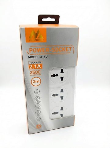 مشترك كهرباء 314U متعدد المخارج مع 3 منافذ USB ومنفذ Type-C – وصلة كهرباء وشحن للموبايل بطول 2 متر