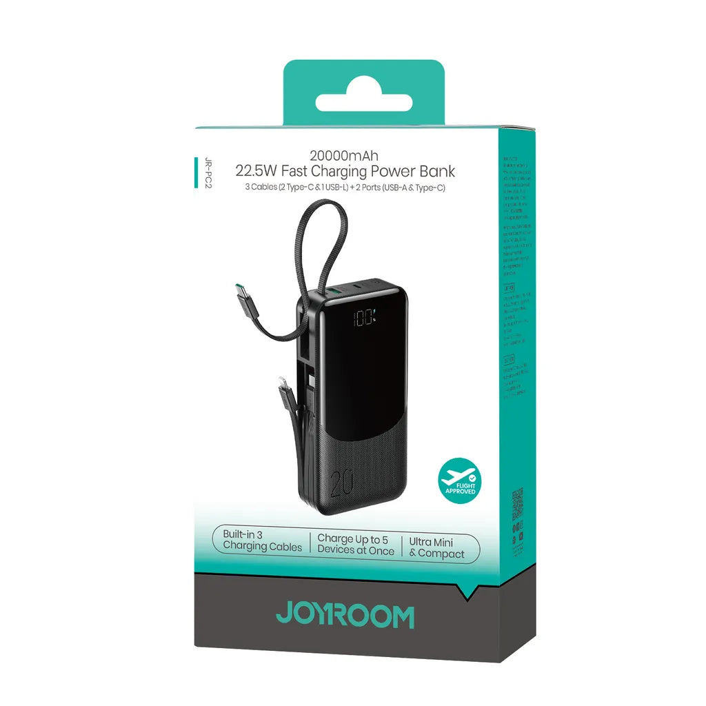 باور بانك Joyroom 20000mAh شحن سريع 22.5W مع 3 كابلات مدمجة – شحن 5 أجهزة في نفس الوقت