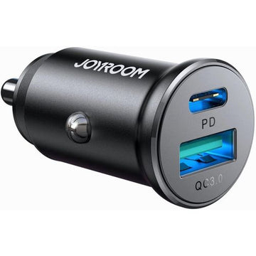 شاحن سيارة Joyroom Mini Metal 30W PD سريع بمنفذين USB-C و USB-A – شحن قوي وتصميم معدني أنيق