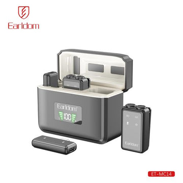 Earldom MC14, a professional 3-in-1 2.4GHz wireless lavalier microphone system featuring intelligent noise reduction and up to 30 hours of combined battery life