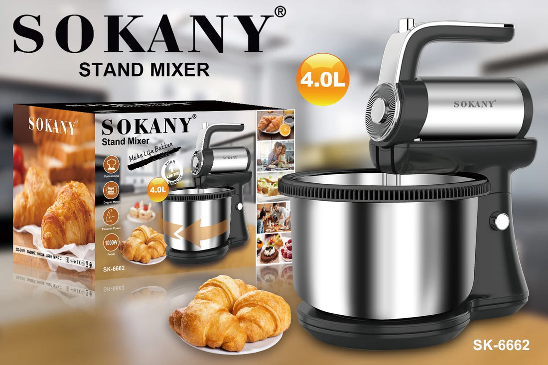 خلاط ستاند Sokany SK-6662 مع مضرب - 1000 واط، 4 لتر، خلاط مطبخ قوي