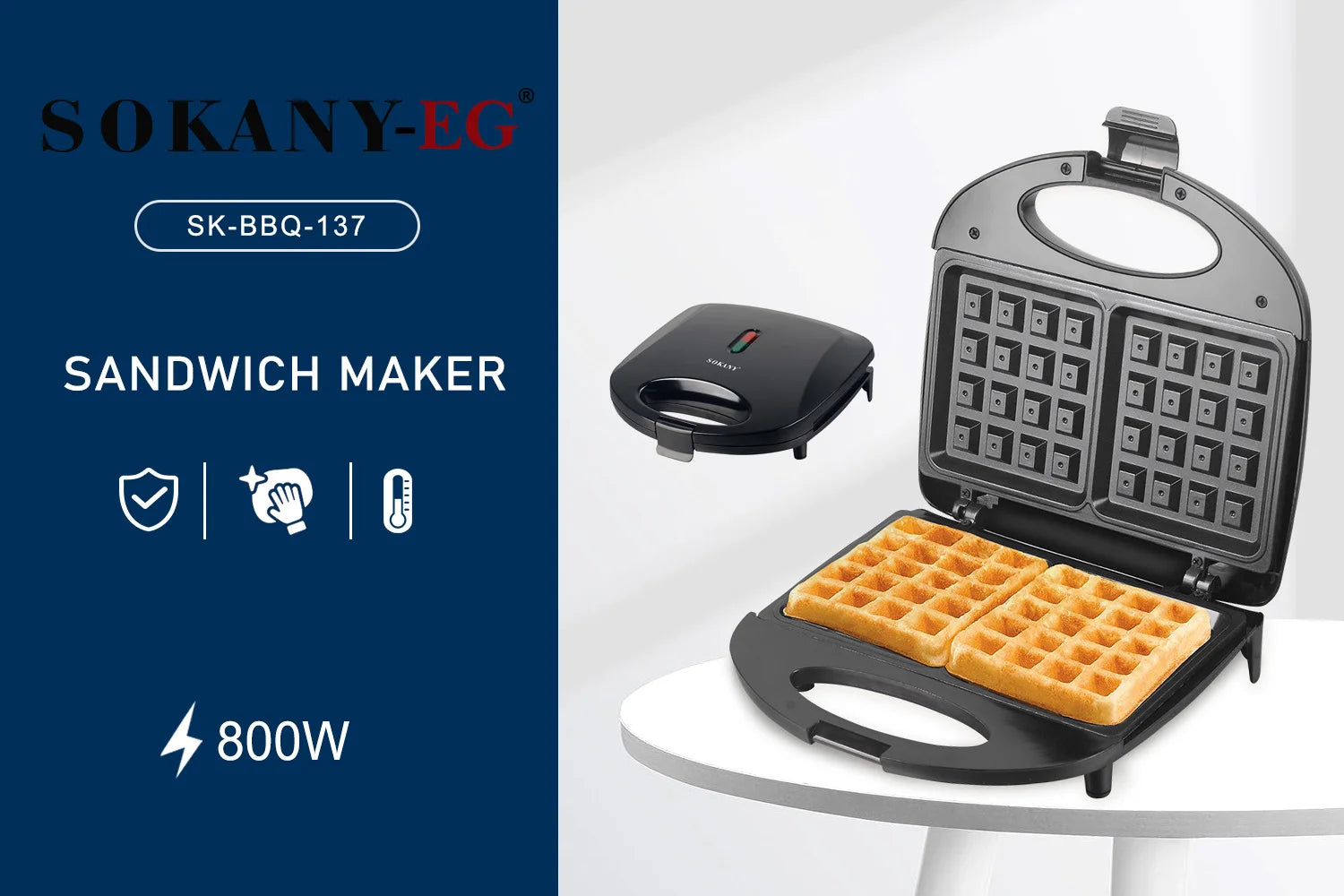 Sokany Waffle Maker SK-137 – 800W, Non-Stick Plates
