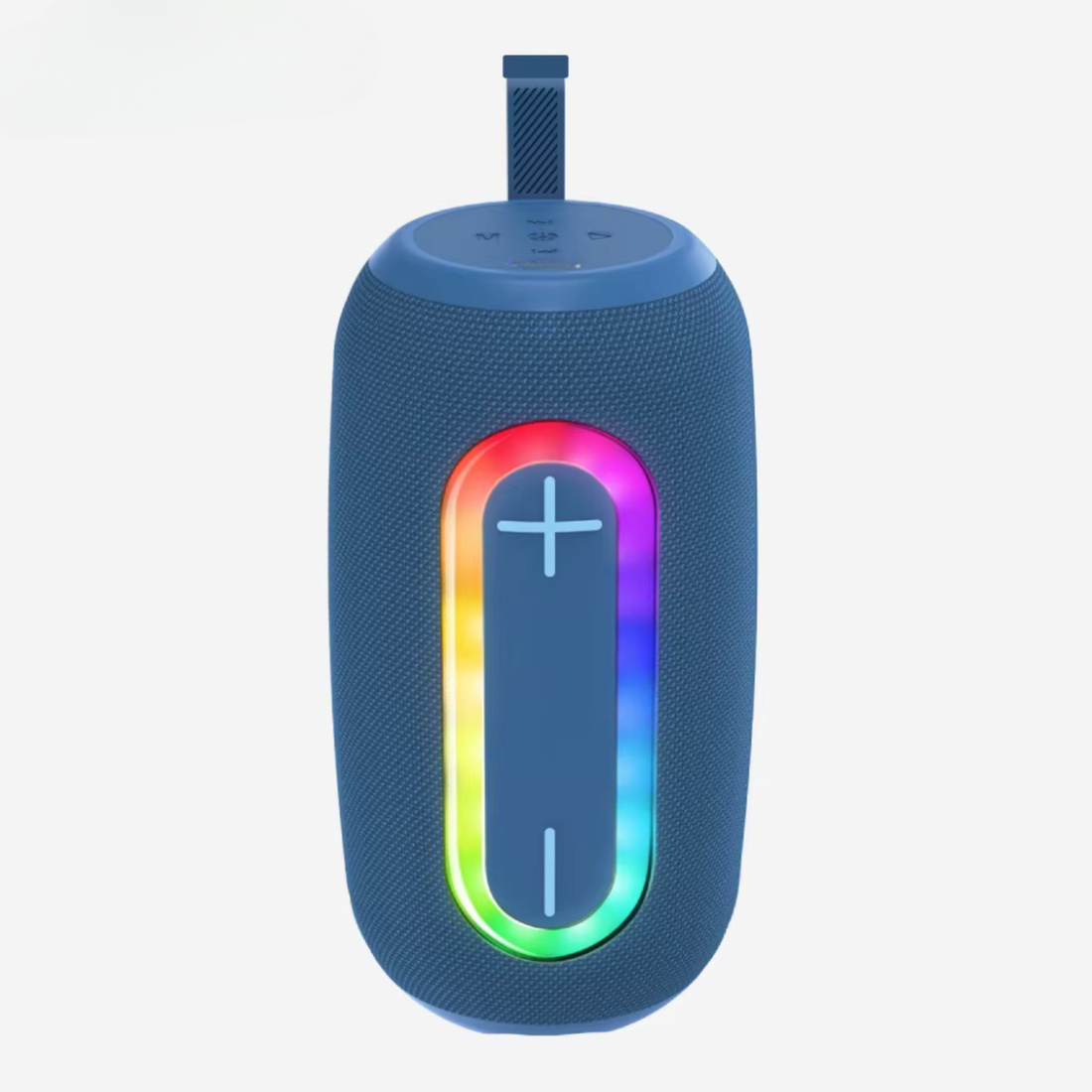 BS-27, featuring a prominent vertical RGB lighting strip down the front face with central plus and minus volume controls.