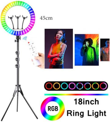 18 Inch RGB LED Ring Light with 3 Phone Holders & Tripod Stand | رينج لايت RGB LED مقاس 18 بوصة مع 3 حوامل هاتف