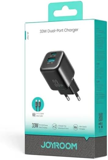 شاحن Joyroom 33W سريع USB-C و USB-A مع كابل Type-C بطول 1 متر – شاحن حائط مزدوج المنافذ