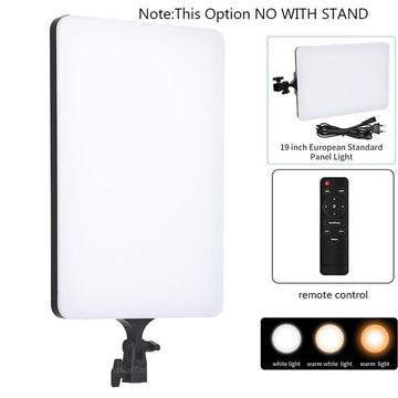 The Panseh plug-in LED fill light box contains a rectangular panel light designed for live broadcasting, photography, and video, featuring adjustable color temperature and brightness controls.