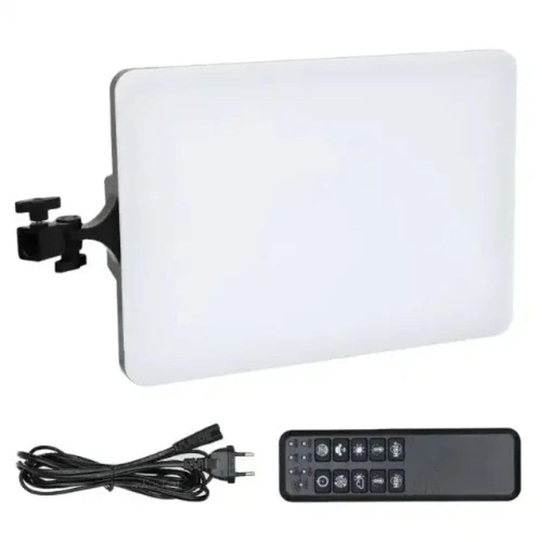 The Panseh plug-in LED fill light box contains a rectangular panel light designed for live broadcasting, photography, and video, featuring adjustable color temperature and brightness controls.
