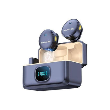 The packaged item shown is the Q8 Wireless Lavalier Microphone (also referred to as Q8/M2), a clip-on digital wireless mic system featuring a portable charging case with a digital battery percentage display.