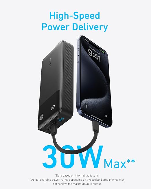 باور بانك Anker Zolo A110EH11 سعة 20000mAh شحن سريع 22.5W مع كابل USB-C مدمج – أسود