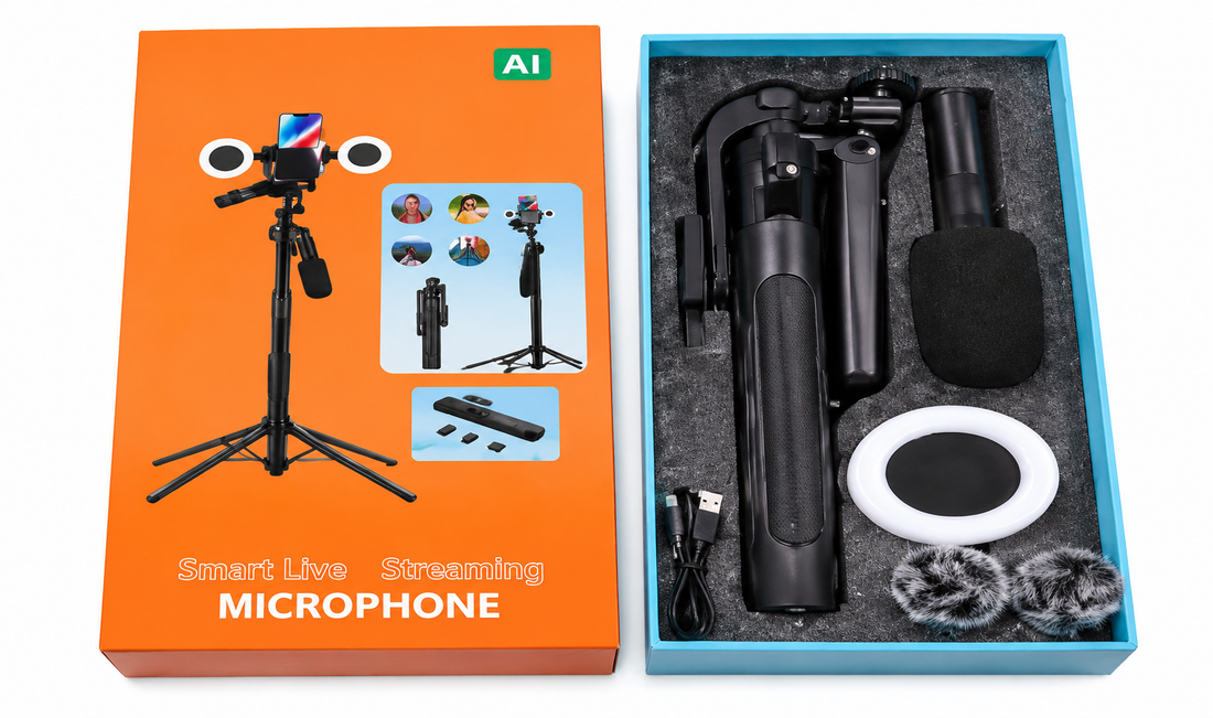 AI Smart Live Streaming Kit | طقم احترافي للبث المباشر وصناعة المحتوى مع ميكروفون وإضاءة وحامل