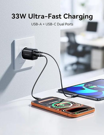 شاحن Joyroom 33W سريع USB-C و USB-A مع كابل Type-C بطول 1 متر – شاحن حائط مزدوج المنافذ