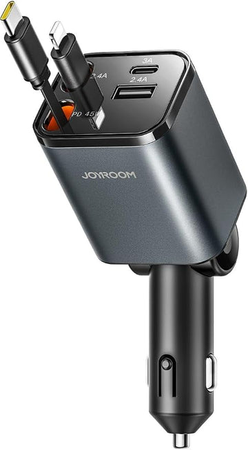شاحن سيارة JOYROOM سريع 45W PD مع منافذ USB و Type-C وكابلات مدمجة ⚡🚗