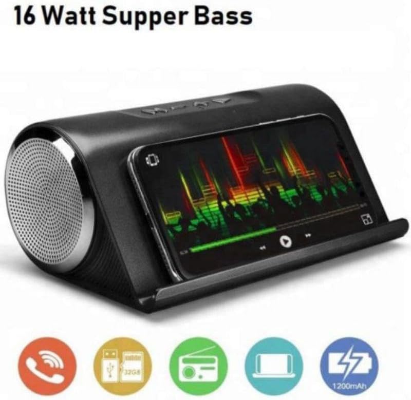 I-conx 1601 Music Speaker, a portable wireless Bluetooth speaker featuring a 16W maximum power output and an integrated smartphone stand slot design.