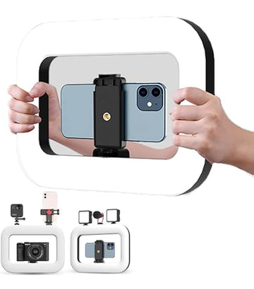 The E-30 Mobile Phone Camera Fill Light is a portable, rectangular LED soft ring light featuring a built-in smartphone mount designed for vlogging, live streaming, and selfies.