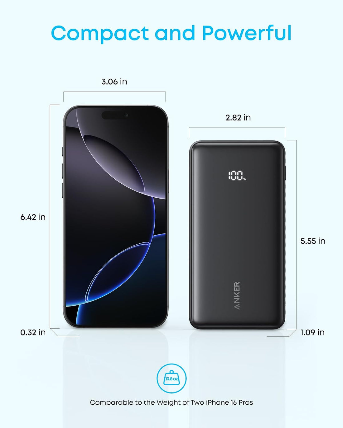 باور بانك أنكر زولو (Anker Zolo) بسعة10000مللي أمبير وقوة 22.5 واط مع كابل USB-C مدمج بزاوية 90 درجة
