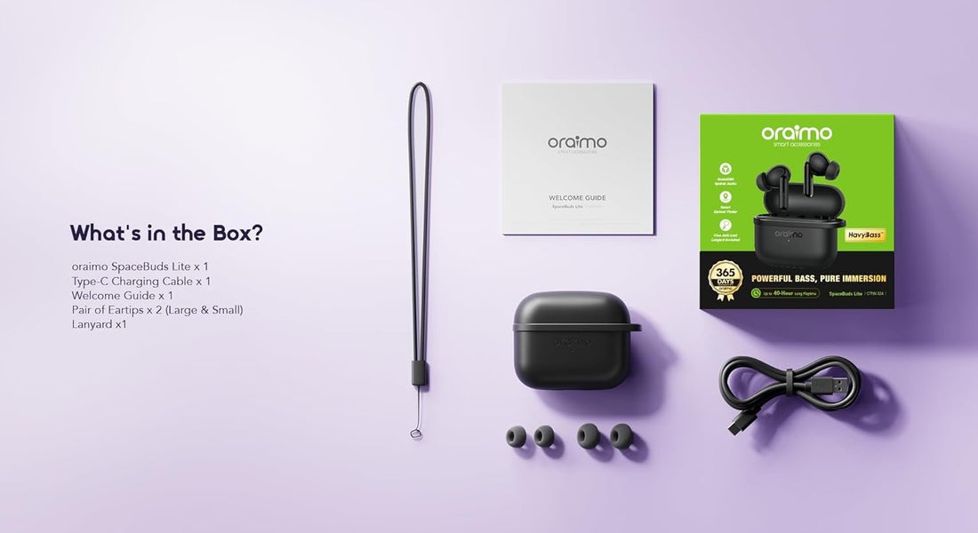 سماعات Oraimo OTW 324 Spacebuds Lite اللاسلكية الحقيقية بتقنية Sound360 Spatial Audio ووقت تشغيل 40 ساعة بلون لافندر رقمي
