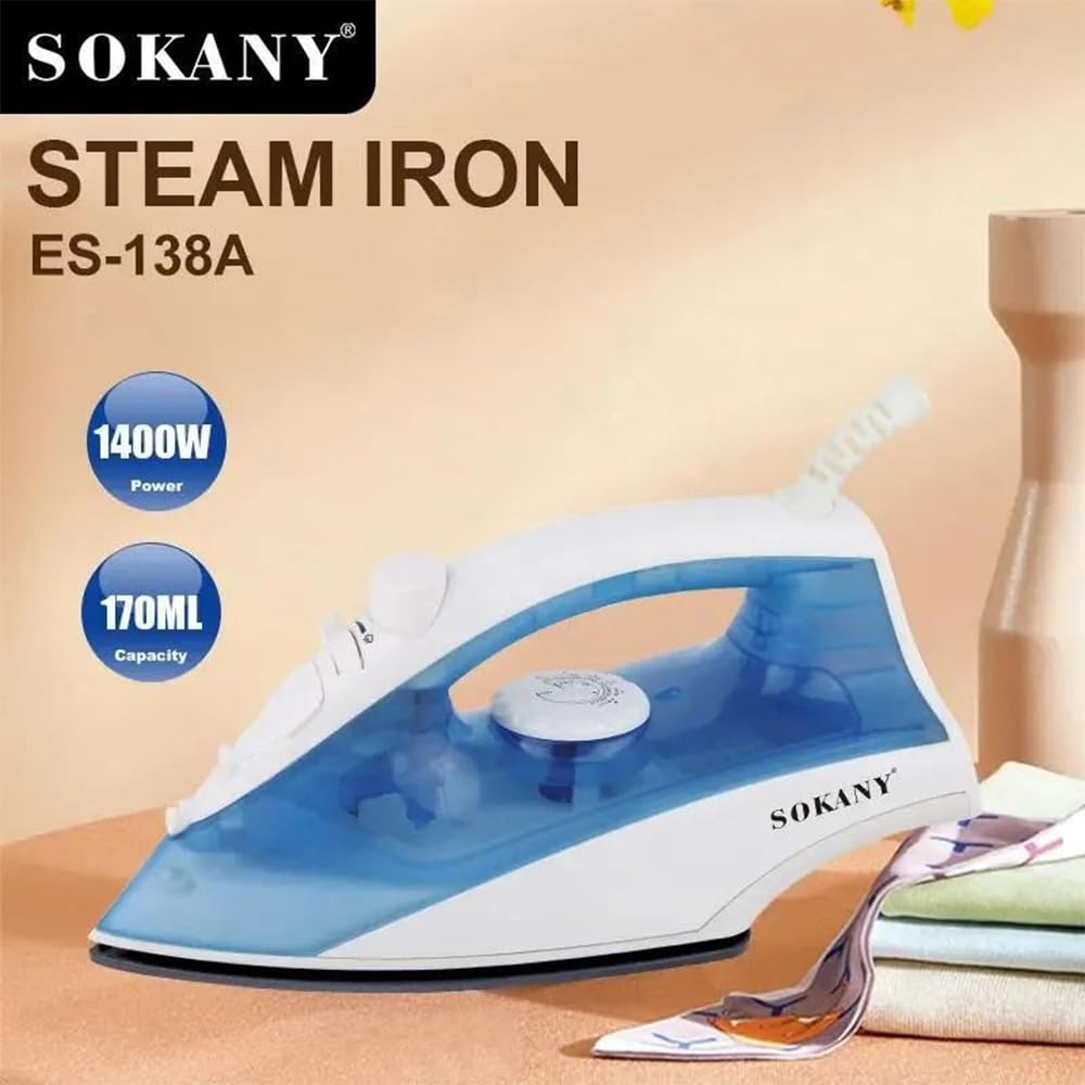 مكواة بخار Sokany ES-138A تحكم بالبخار، كي جاف، وظيفة الرش، 1400 واط