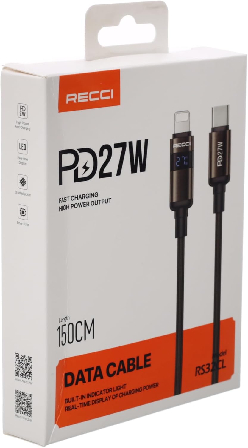 كابل بيانات Recci بطول 150 سم من النوع C إلى لايتنينج PD بقوة 27 واط RS32CL