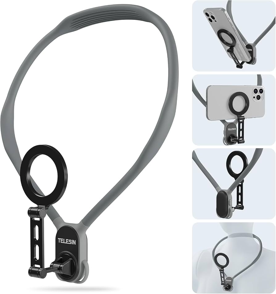 Telesin Smartphone Magnetic Neck Holder (Model: MNM-001) is a wearable, hands-free mount designed for POV vlogging, live streaming, and video recording from a first-person perspective