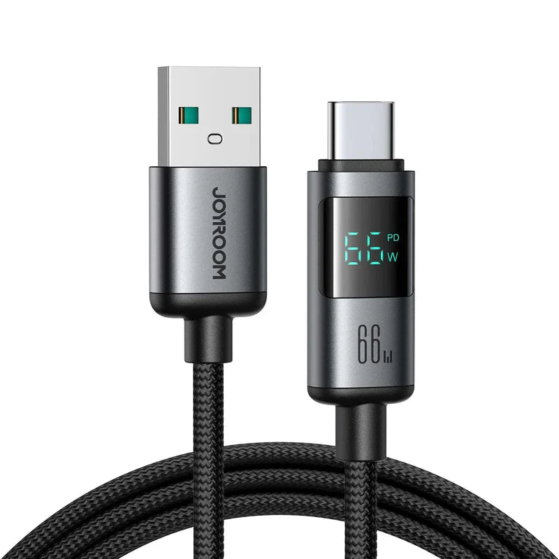 JoyRoom S A16 Pro 100W 66W 30W 3 أمبير CC CL كابل بيانات شحن سريع مع شاشة رقمية تايب سي لايتنينج 1 2 متر أسود