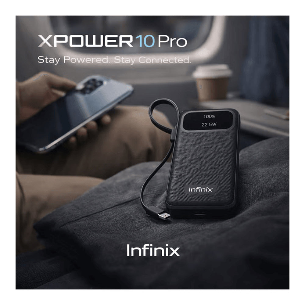 باور بانك Infinix XPower 10 Pro XP10 Pro سعة 10000mAh شحن سريع 22.5W مع كابل Type-C مدمج – أسود