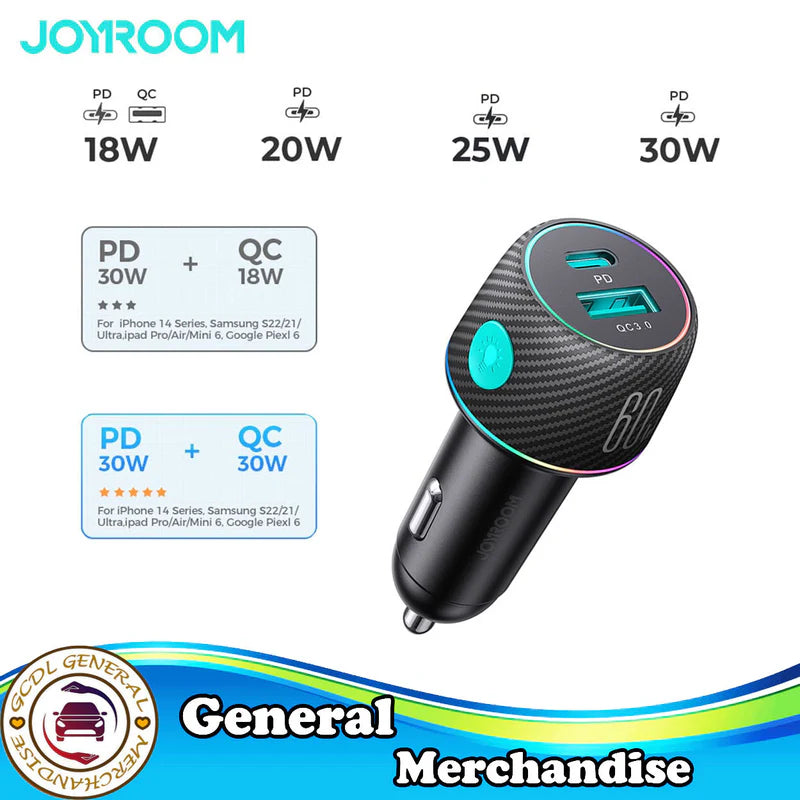 شاحن عربية Joyroom JR CCN01 60W USB و USB C من النوع C متعدد الألوان مع زر إضاءة أسود