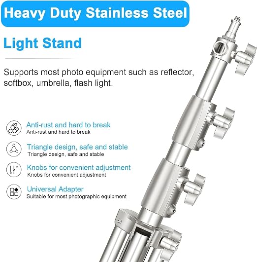 Heavy Duty Stainless Steel Light Stand 280cm | حامل إضاءة ستانلس ستيل احترافي للتصوير 280 سم