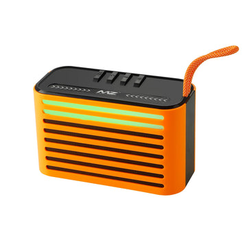 The Top T303 is an orange-and-black compact wireless portable speaker featuring a 5W horn, RGB lighting effects, strong bass output, and a built-in carrying strap.