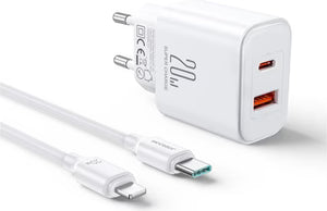 Joyroom JR TCF05EU 20 واط شاحن حيطة مزدوج بمنفذ USB C وUSB A سريع مع كابل USB C إلى لايتنينج 1 متر