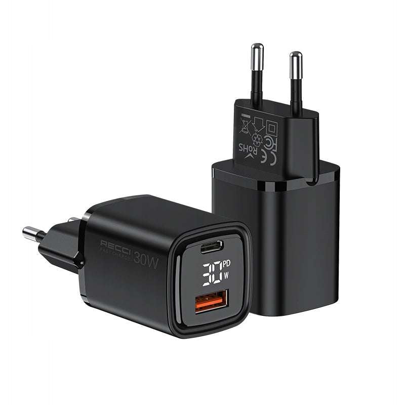 FAST WALL CHARGER RC81E 30W USB and USB-C PD QC 3.0 LED DISPLAY RECCI