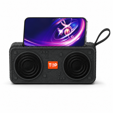 Top T301 Portable Bluetooth Speaker is a 10W wireless audio device featuring strong bass and a built-in slot to prop up a mobile phone.