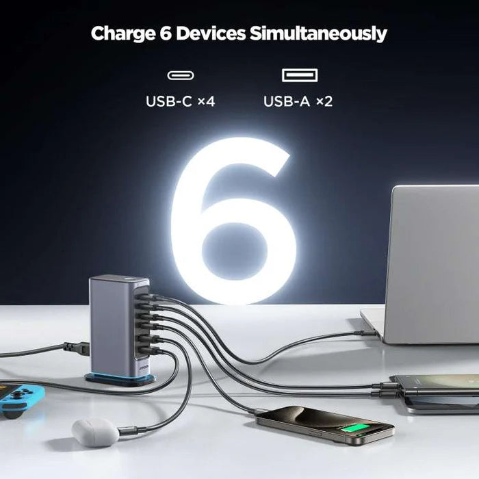 Joyroom JR TCM02 شاحن متعدد المنافذ 6 في 1 بقوة 65 واط بتقنية GaN مع 4 منافذ USB-C ومنفذين USB-A - قابس طاقة بريطاني - رمادي داكن