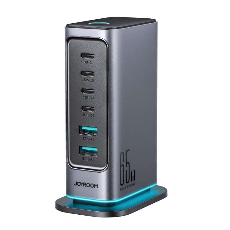 JOYROOM JR-TCM02 6 in 1 65W GaN 4 USB-C & 2 USB-A Multi-port Charger, Power Plug:UK Plug(Dark Gray)