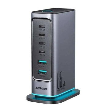 Joyroom JR TCM02 شاحن متعدد المنافذ 6 في 1 بقوة 65 واط بتقنية GaN مع 4 منافذ USB-C ومنفذين USB-A - قابس طاقة بريطاني - رمادي داكن