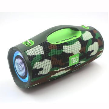 The packaging box shows the T&G TG-437, a 20W portable wireless Bluetooth speaker featuring extra stereo bass, an IPX5 splash-proof rating, and vibrant RGB colorful lighting.