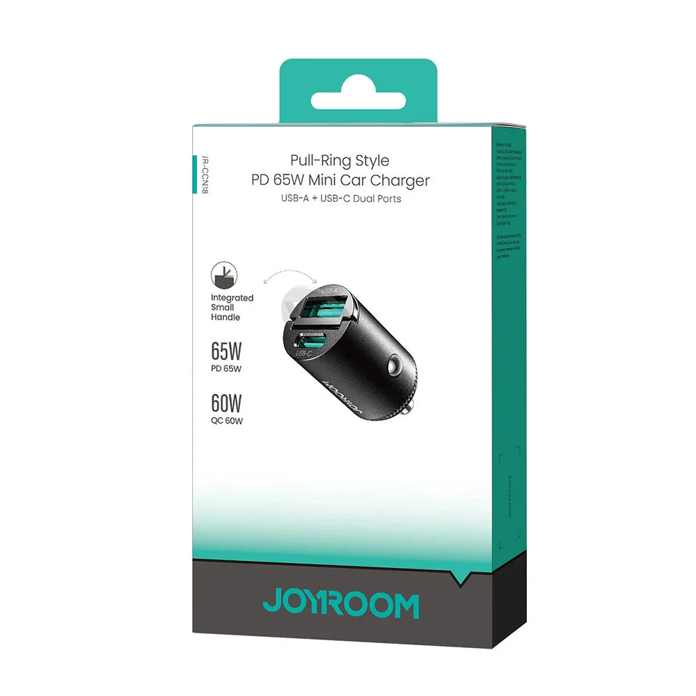 شاحن سيارة Joyroom 65W Mini PD سريع مع منفذين USB-A و USB-C – شحن قوي وآمن للسيارة