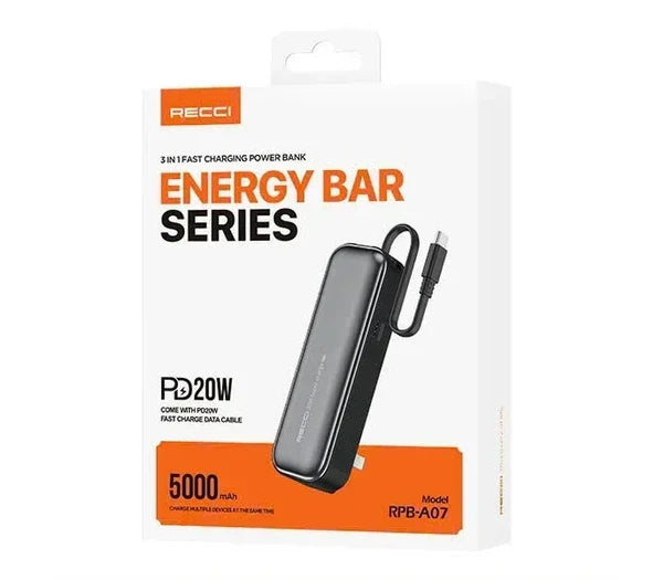 RECCI RPB-A07 5000mAh 20W Fast Charging Power Bank – باور بانك ريتشي 3 في 1