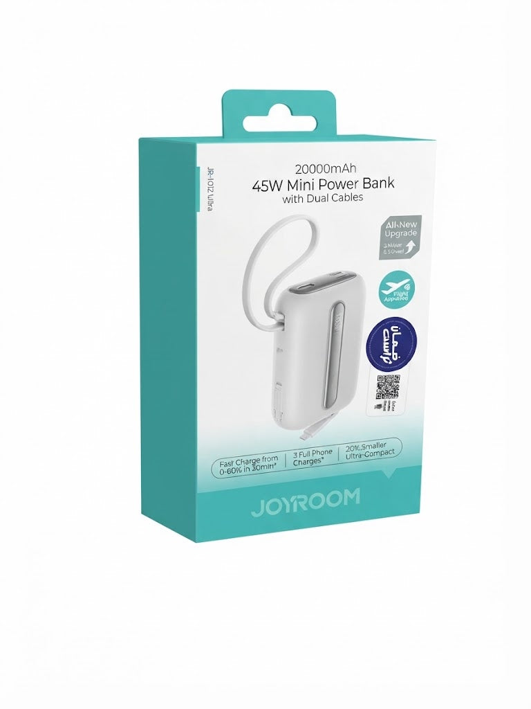 باور بانك Joyroom 20000mAh Mini 45W مع كابلات مدمجة – شحن سريع وتصميم صغير محمول