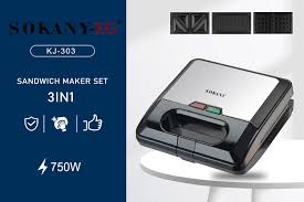 Sokany KJ-303 (3 in 1) Sandwich Maker 4 Slices Silver, 750 W, KJ-303