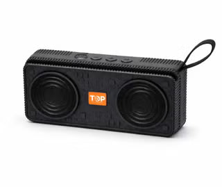 Top T301 Portable Bluetooth Speaker is a 10W wireless audio device featuring strong bass and a built-in slot to prop up a mobile phone.