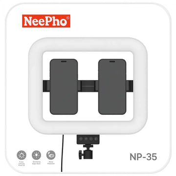 The NeePho NP-35 is a versatile blogger set featuring a rectangular/rounded LED ring light and a built-in dual phone holder designed for simultaneous multi-device content creation and live streaming.