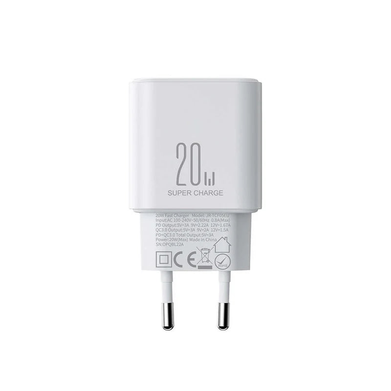 Joyroom JR TCF05EU 20 واط شاحن حيطة مزدوج بمنفذ USB C وUSB A سريع مع كابل USB C إلى لايتنينج 1 متر