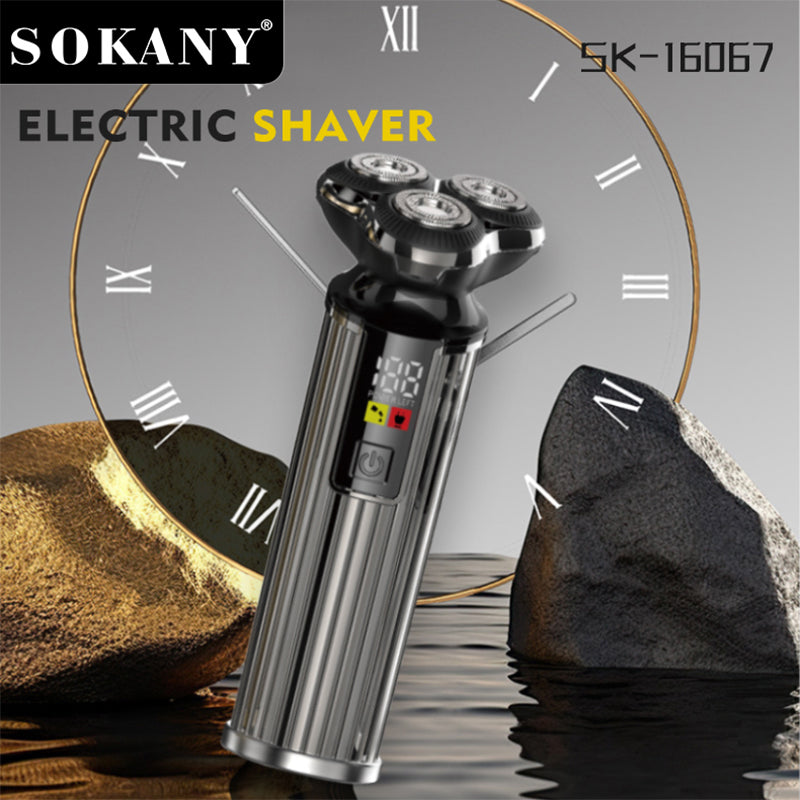 🪒 SOKANY SK-16067 – ماكينة حلاقة كهربائية احترافية بثلاثة رؤوس دوارة وشاشة LED
