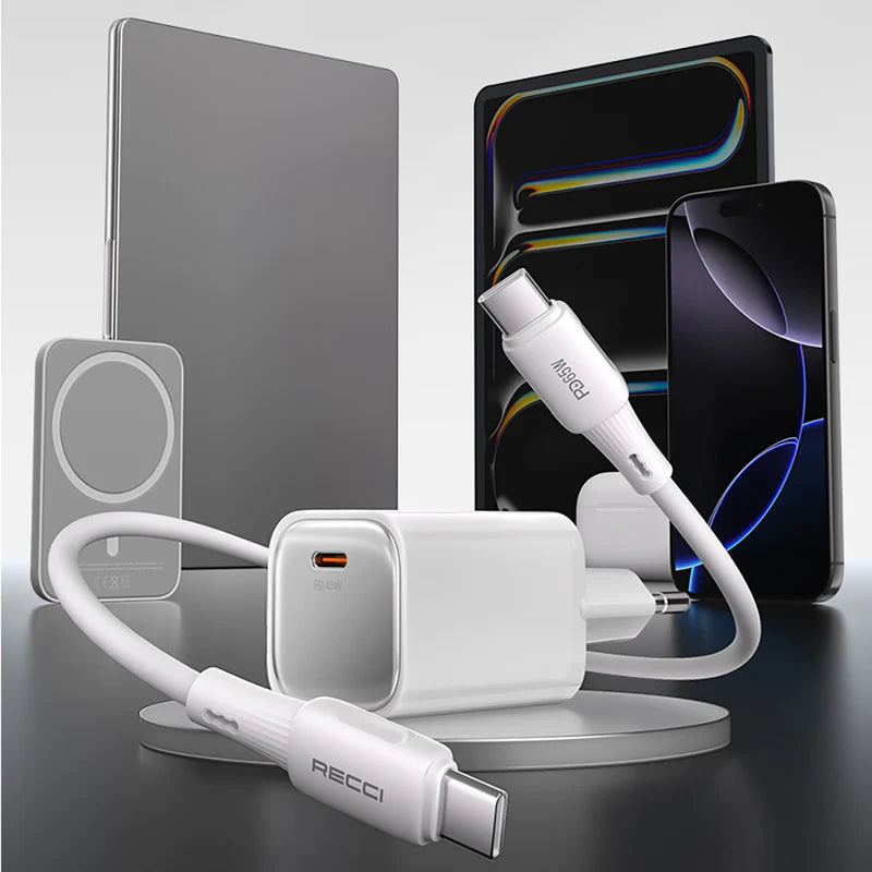 Recci شاحن سريع Recci RC132Eبقدرة 45 وات Usb C إلى Usb C شحن PD سريع حتى 45wكابل سيليكون بطول100سم ضمان سنه