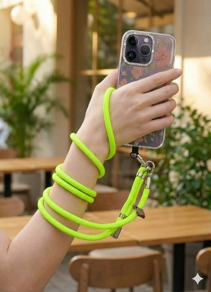 A stylish and practical multi-purpose cord phone chain for phones, featuring a loop for easy length adjustment and sturdy metal clips to securely hold the phone.
